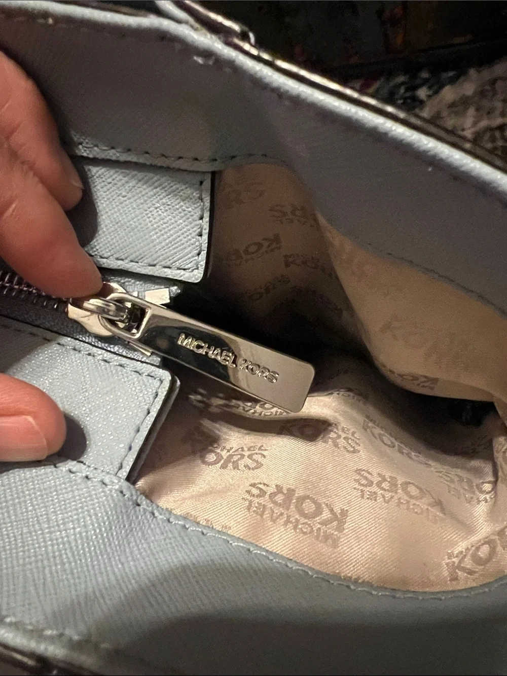 Michael Kors Baby Blue Leather Tote with Silver Lock & Hardware